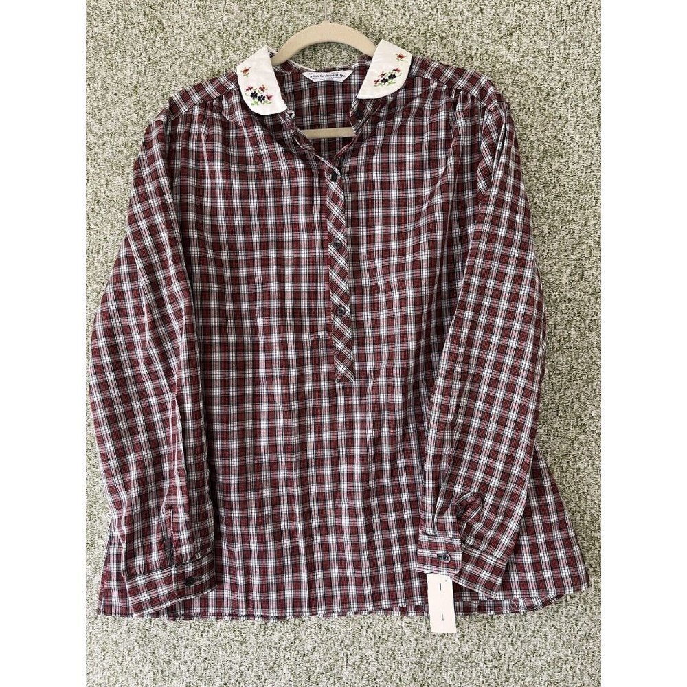 Miss Fashionality Womens Tops 44 L Red Plaid Tunic Embroidery Retro Granny NWT
